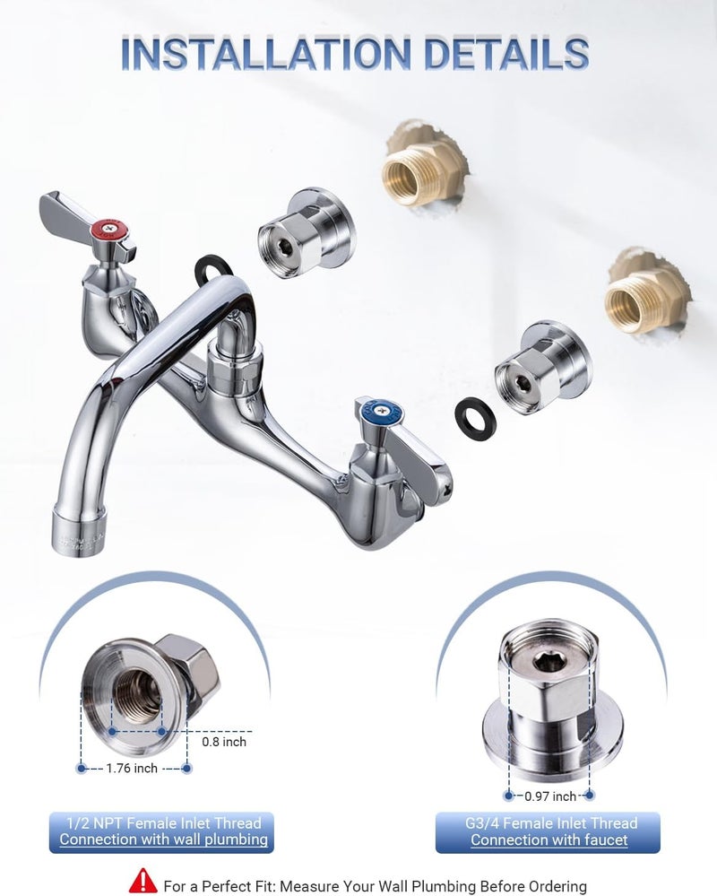Phivan 8 Inch Center Wall Mount Commercial Sink Faucet - 10" Swivel Spout Dual Handle Chrome Brass Commercial Faucet for Restaurant/Laundry/Utility Room Kitchen Sinks, Includes 90 Degree Adapters - Image 5